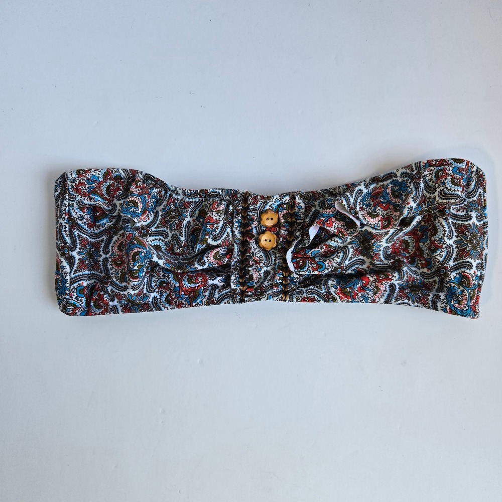 Lucky Brand‎ Ruffle Bikini Top Women Medium Blue Paisley Boho Button Swimwear - Picture 10 of 13